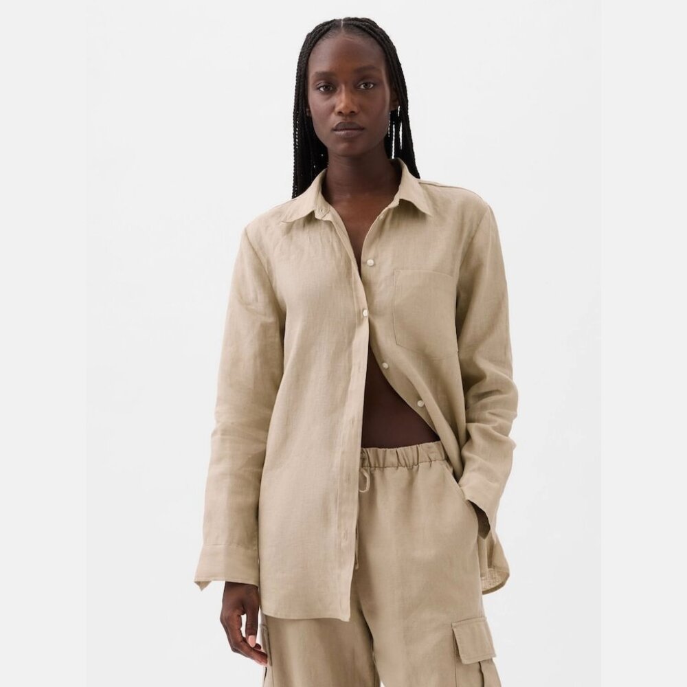 GAP 100% Linen Long Sleeve Oversized Boyfriend Shirt Iconic Khaki